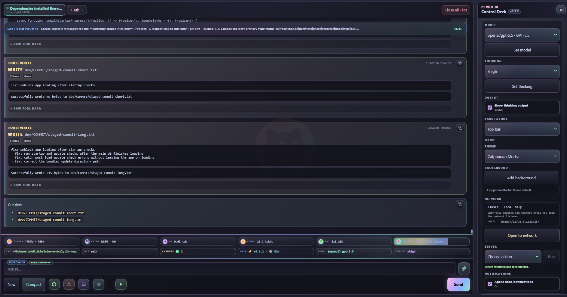 Pi Web UI main window showing multi-tab chat, controls, theme picker, and local status