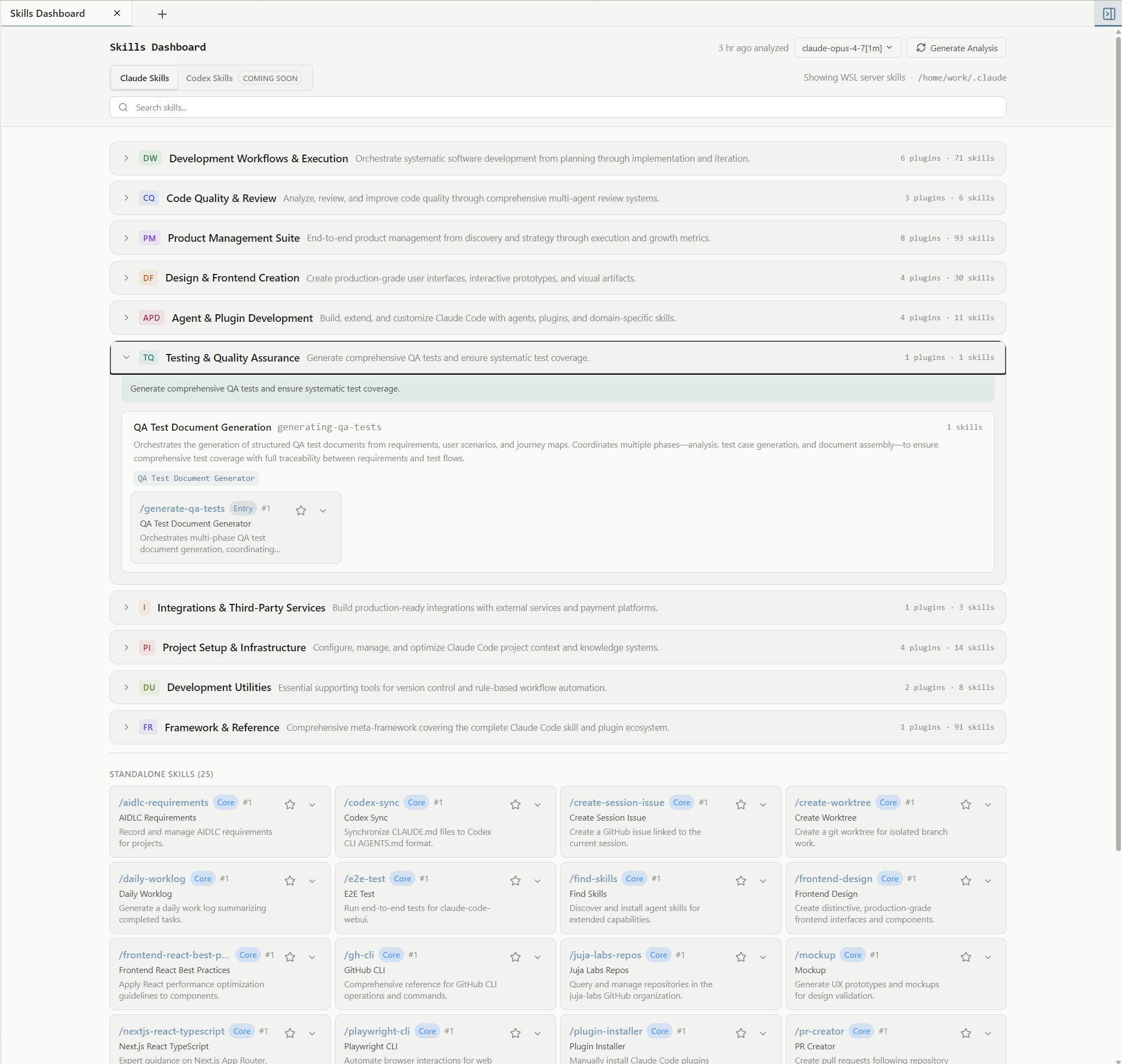 Skills dashboard grouped by category