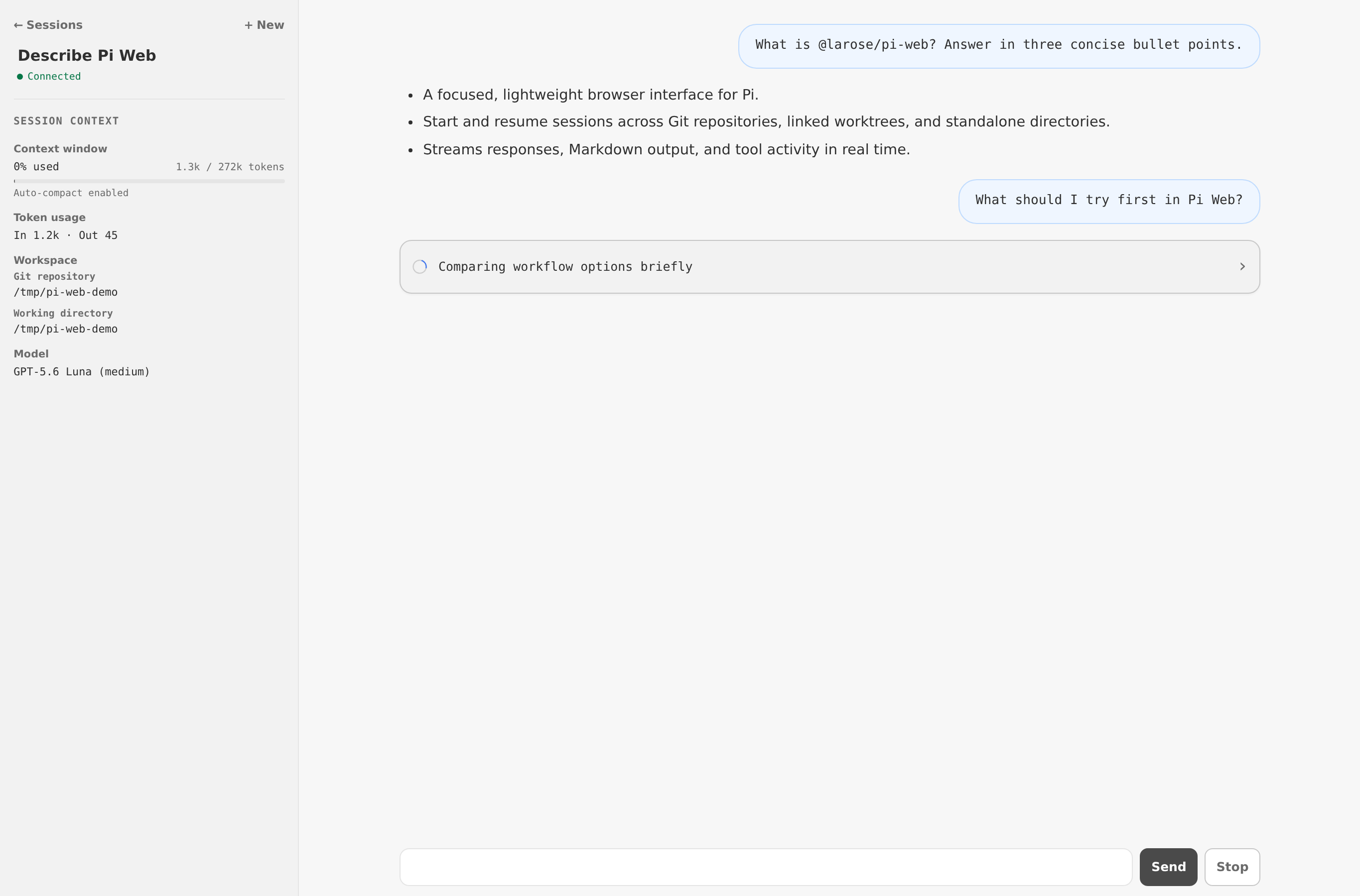 Pi Web conversation with session context, streaming activity, and Markdown output