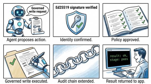 Happy path — agent proposes action, identity confirmed, policy approved, governed write executed, audit chain extended, result returned to app.