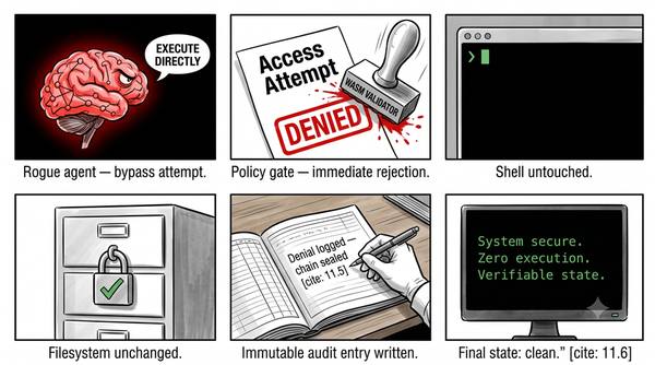 Deny path — rogue agent bypass attempt, policy gate immediate rejection, shell untouched, filesystem unchanged, immutable audit entry written, final state clean.