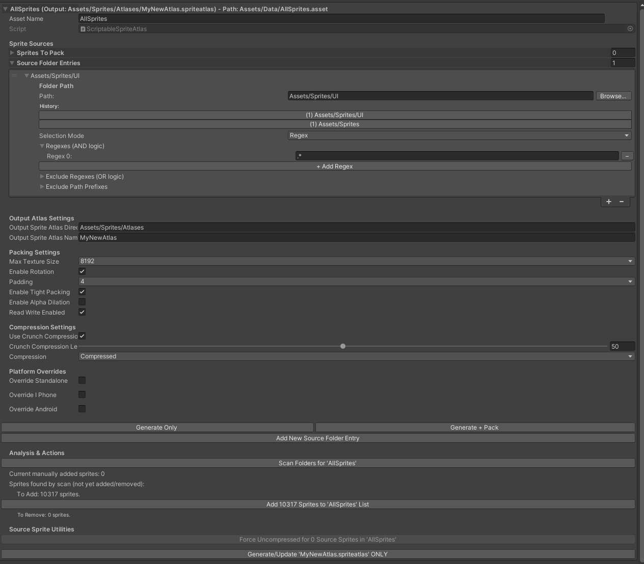 Sprite Atlas Generator scan results showing sprites to add