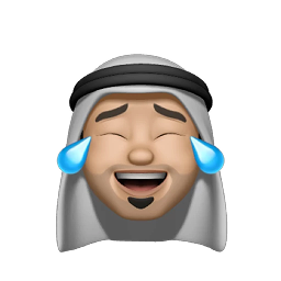Karim — Laughing A welcoming man in a keffiyeh-style headscarf with a small goatee. A laughing reaction with joy.