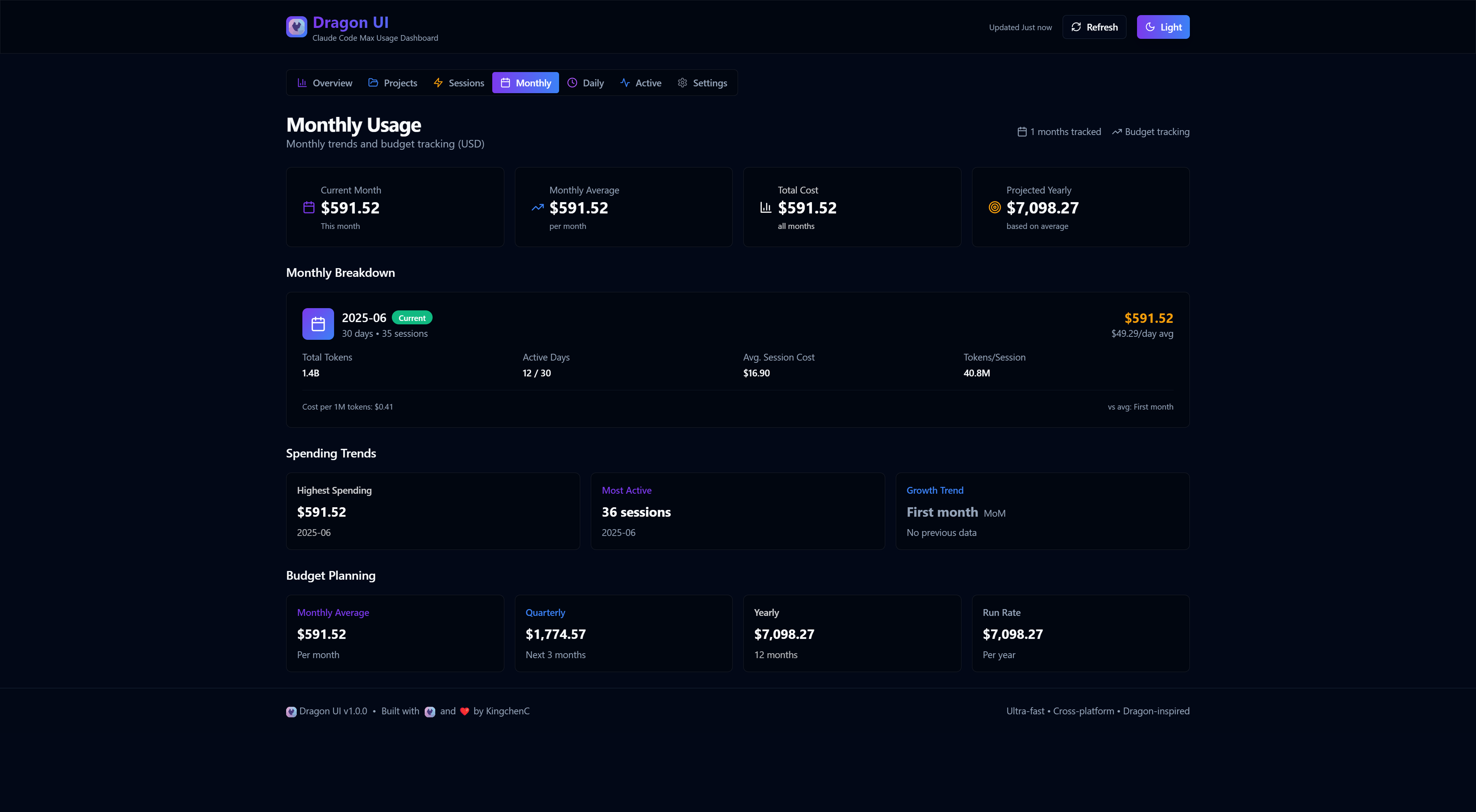 Dragon UI Monthly Usage Page