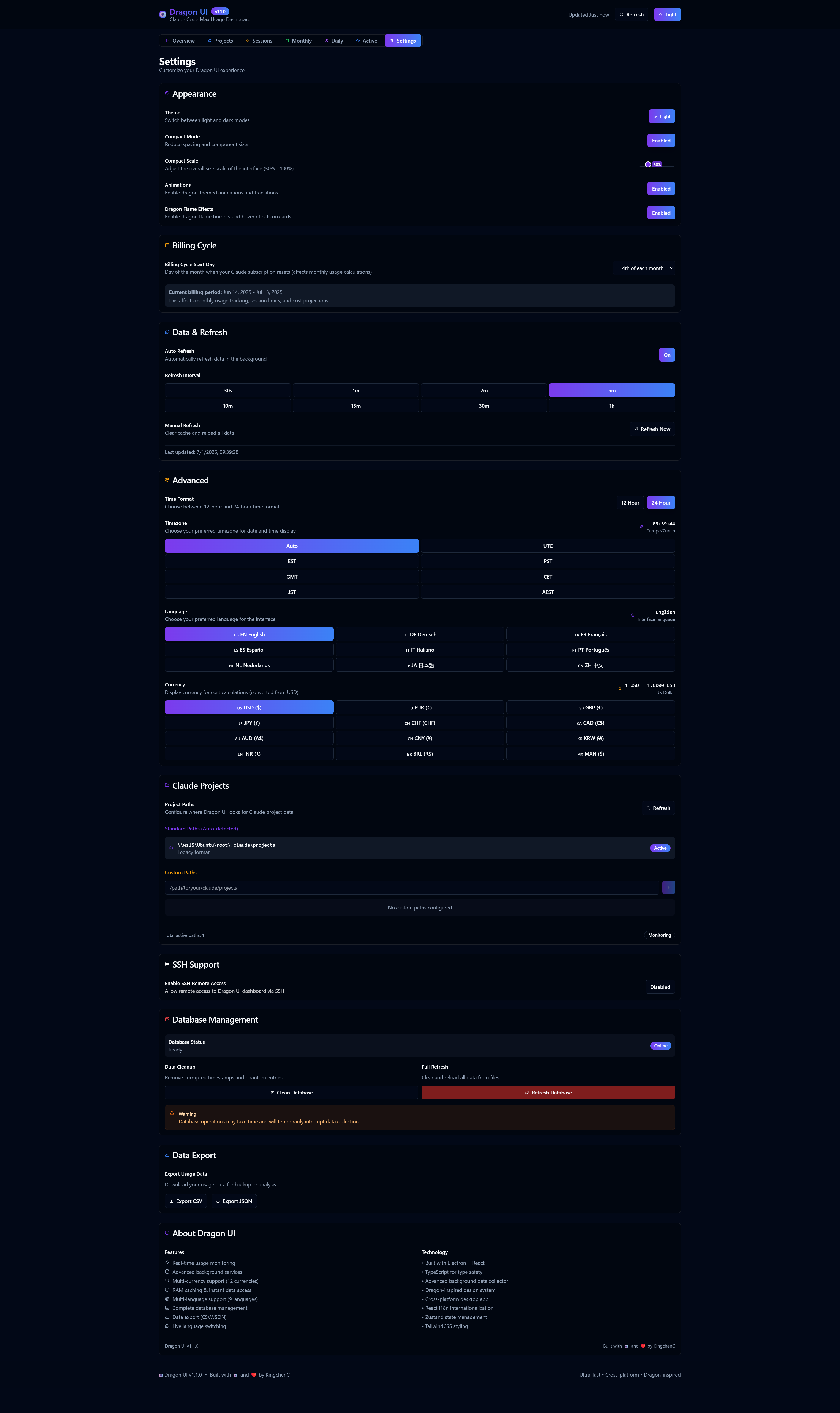 Dragon UI Settings Page
