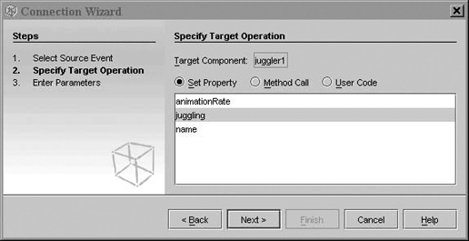 Specifying a target operation in the Connection Wizard