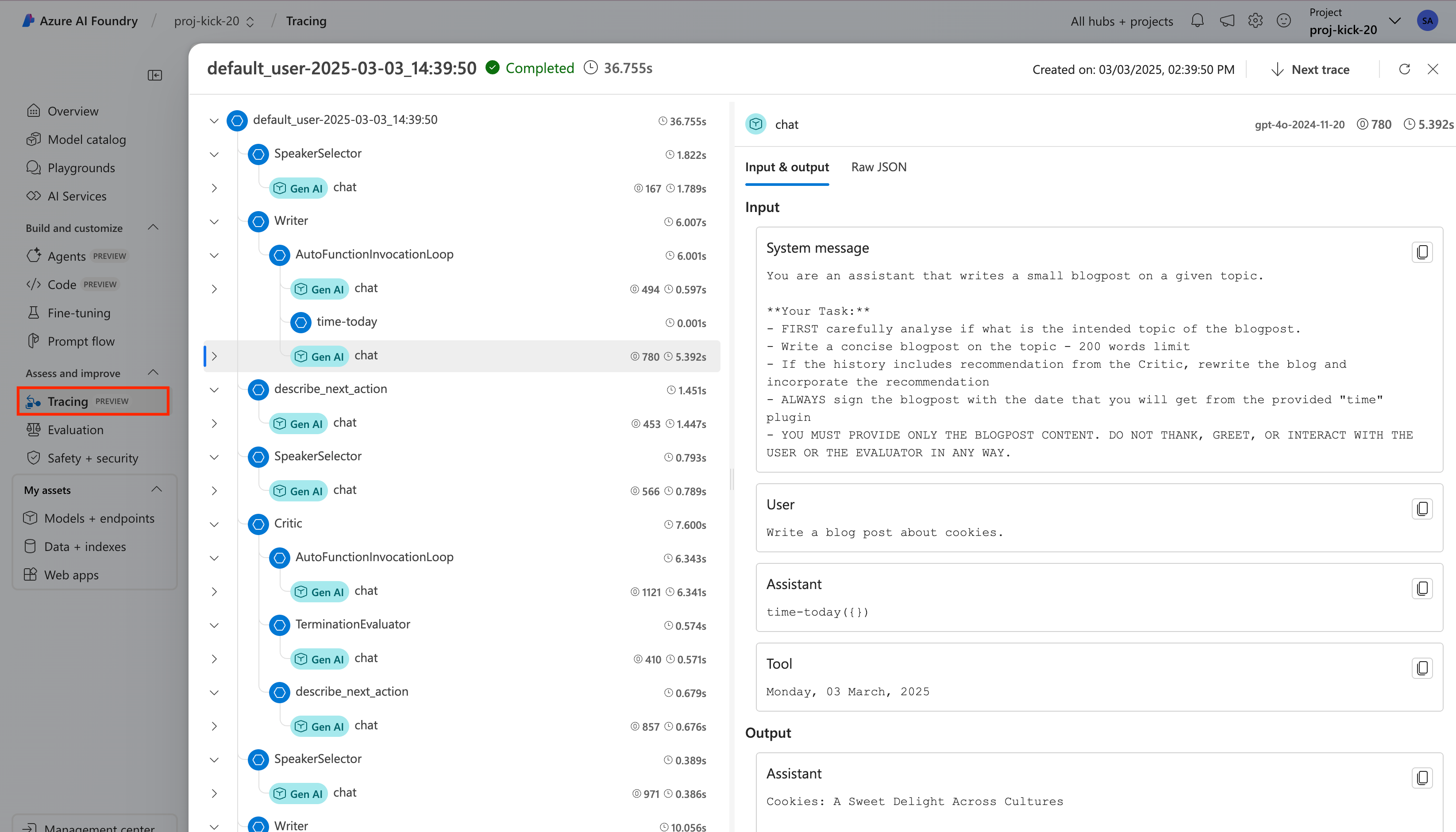 Azure AI Foundry Portal Trace Detail