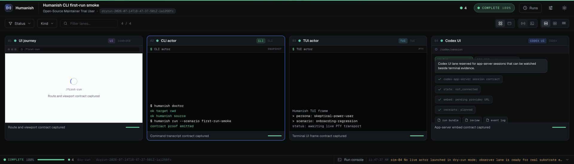 Humanish Observer synthetic technical sample with four lanes for UI, CLI, TUI, and Codex UI