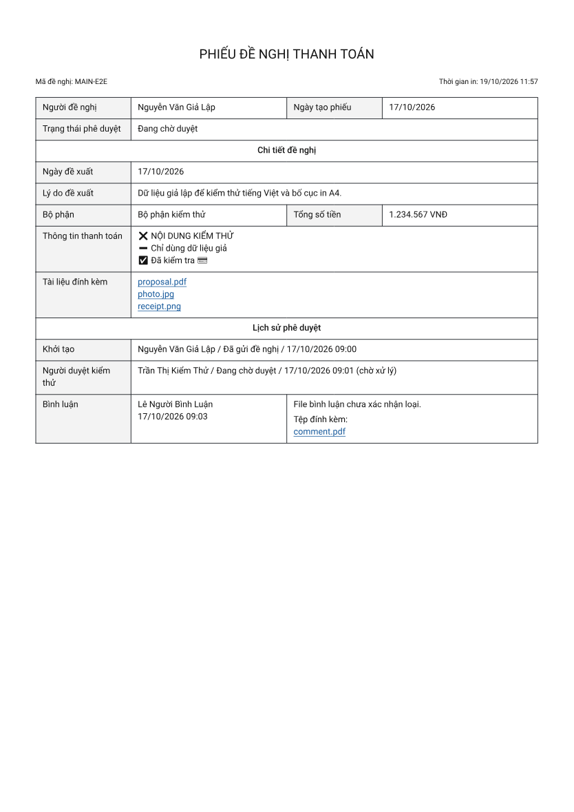 Fixed Vietnamese approval template: request details, proposal attachments and approval history, generated entirely from synthetic data