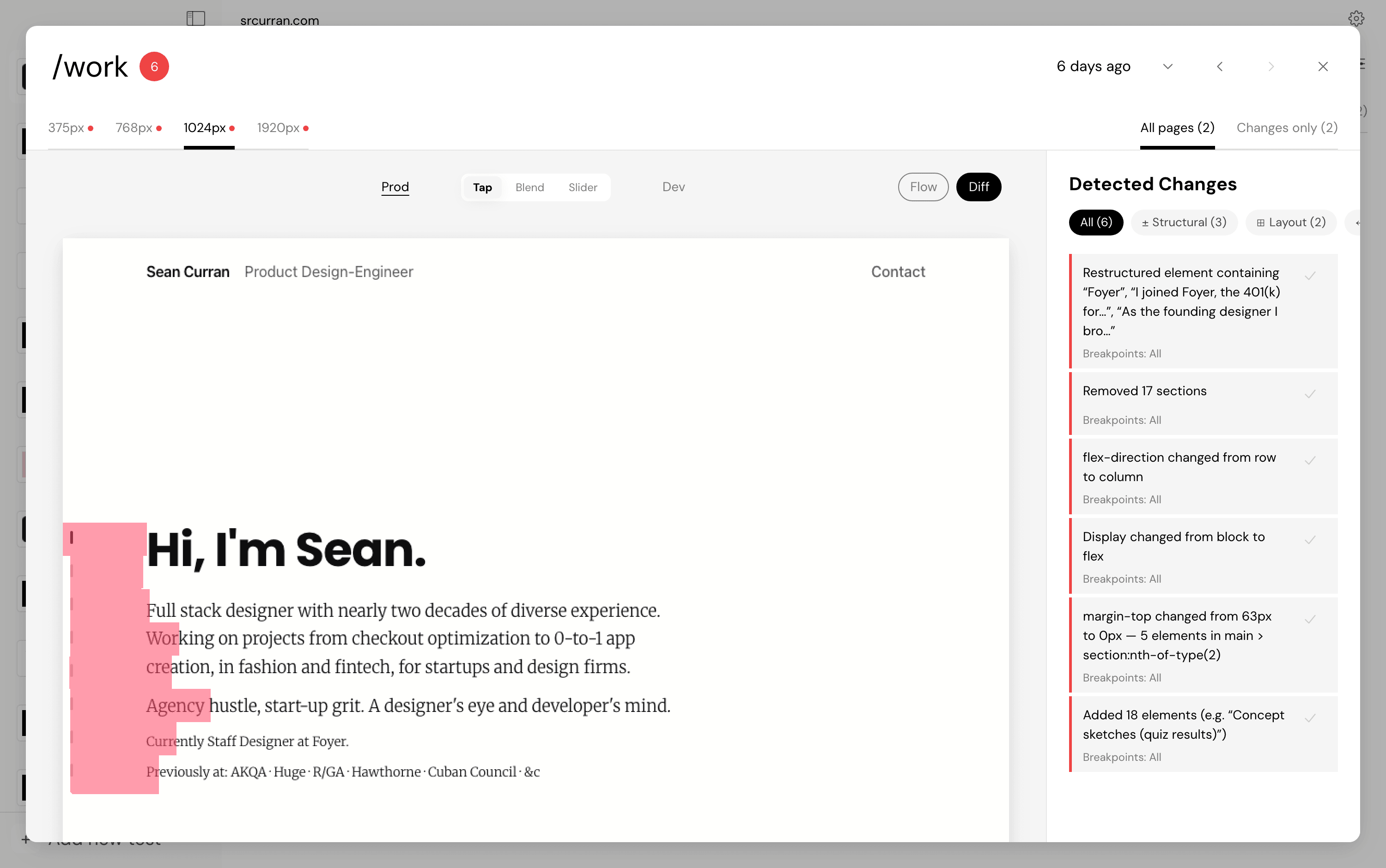 An Ohsee report: a page capture with pixel-diff highlights next to the Detected Changes panel listing structural and layout changes