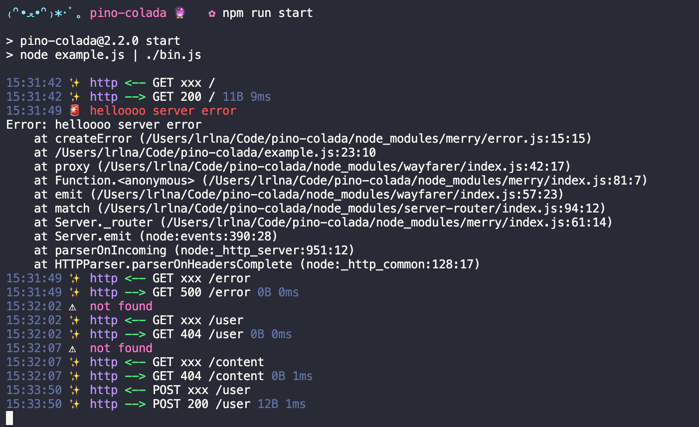 An example of pino-colada terminal output. The output shows timestamps, messages, stack traces, all colourised for ease of reading. The exact output is as follows:
15:31:42 ✨ http <-- GET xxx /
15:31:42 ✨ http --> GET 200 / 11B 9ms
15:31:49 🚨 helloooo server error 
Error: helloooo server error
    at createError (/Users/lrlna/Code/pino-colada/node_modules/merry/error.js:15:15)
    at /Users/lrlna/Code/pino-colada/example.js:23:10
    at proxy (/Users/lrlna/Code/pino-colada/node_modules/wayfarer/index.js:42:17)
    at Function.<anonymous> (/Users/lrlna/Code/pino-colada/node_modules/merry/index.js:81:7)
    at emit (/Users/lrlna/Code/pino-colada/node_modules/wayfarer/index.js:57:23)
    at match (/Users/lrlna/Code/pino-colada/node_modules/server-router/index.js:94:12)
    at Server._router (/Users/lrlna/Code/pino-colada/node_modules/merry/index.js:61:14)
    at Server.emit (node:events:390:28)
    at parserOnIncoming (node:_http_server:951:12)
    at HTTPParser.parserOnHeadersComplete (node:_http_common:128:17)
15:31:49 ✨ http <-- GET xxx /error
15:31:49 ✨ http --> GET 500 /error 0B 0ms
15:32:02 ⚠️  not found
15:32:02 ✨ http <-- GET xxx /user
15:32:02 ✨ http --> GET 404 /user 0B 0ms
15:32:07 ⚠️  not found
15:32:07 ✨ http <-- GET xxx /content
15:32:07 ✨ http --> GET 404 /content 0B 1ms
15:33:50 ✨ http <-- POST xxx /user
15:33:50 ✨ http --> POST 200 /user 12B 1ms