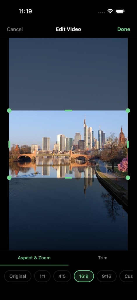 2 — Edit Video, crop overlay & aspect presets