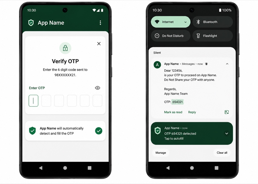 A verification code step alongside the incoming OTP message it reads the code from