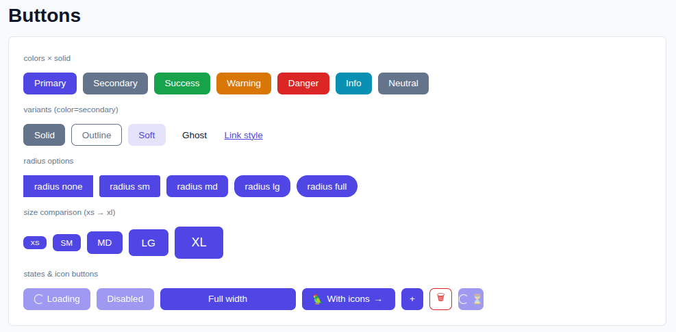 Buttons — colors, variants, radius, sizes, states