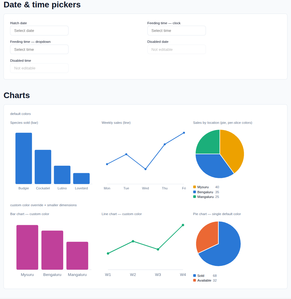 Date & time pickers and Charts — bar, line, pie
