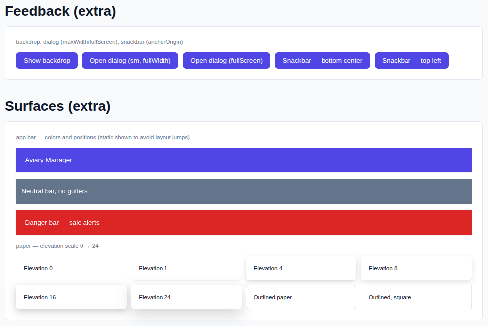 Feedback (extra) and Surfaces (extra) — backdrop, dialog, snackbar, app bar, paper elevation