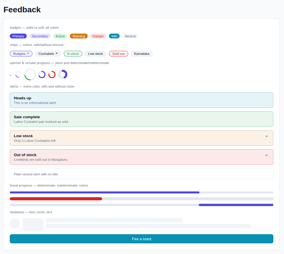 Feedback — badges, chips, spinners, alerts, progress, skeletons