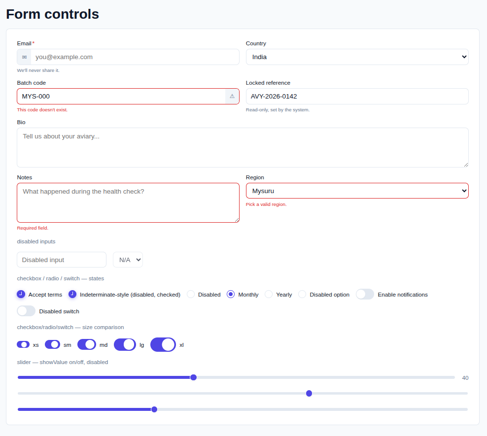 Form controls — inputs, selects, checkboxes, radios, switches, sliders