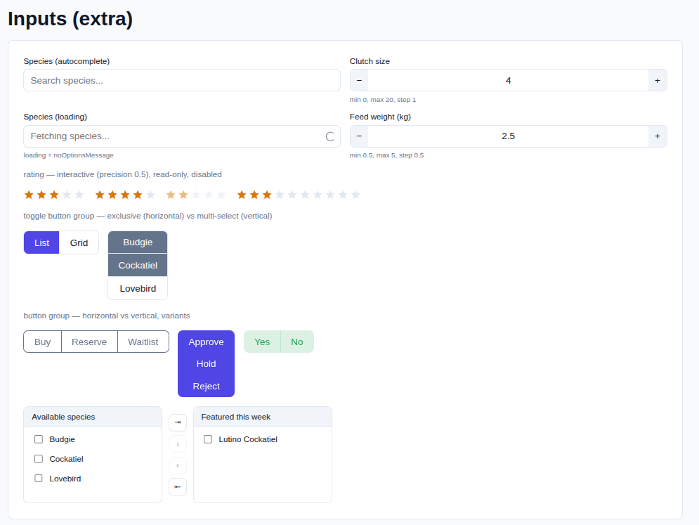 Inputs (extra) — autocomplete, number field, rating, toggle buttons, button group, transfer list