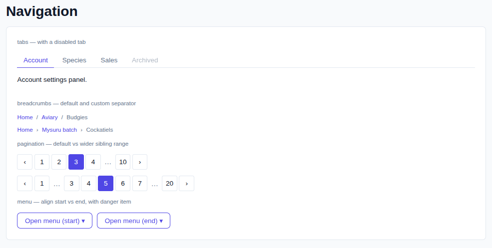 Navigation — tabs, breadcrumbs, pagination, menus