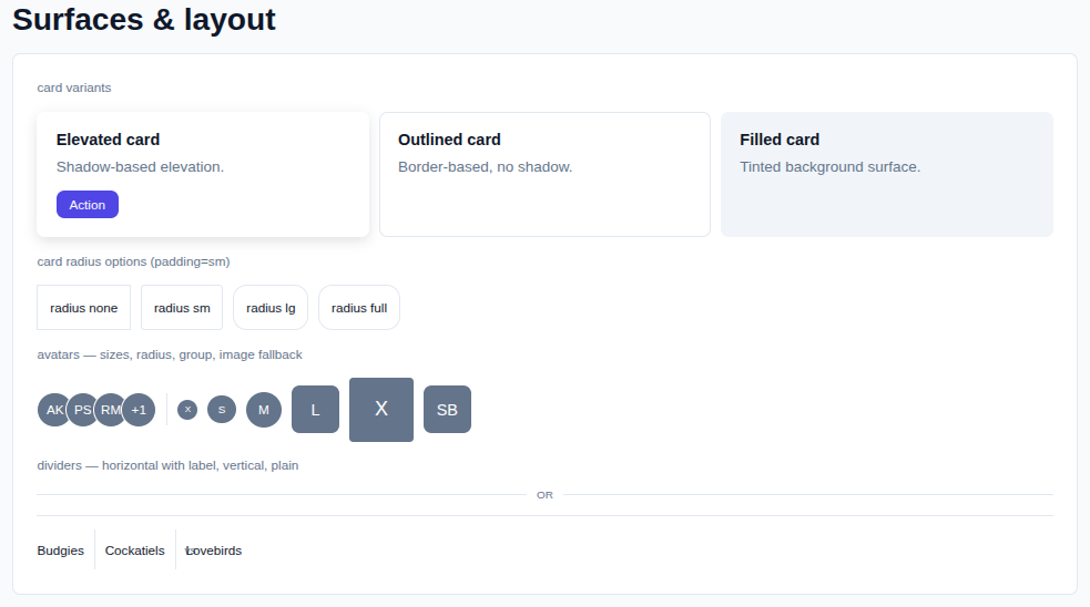 Surfaces & layout — cards, avatars, dividers