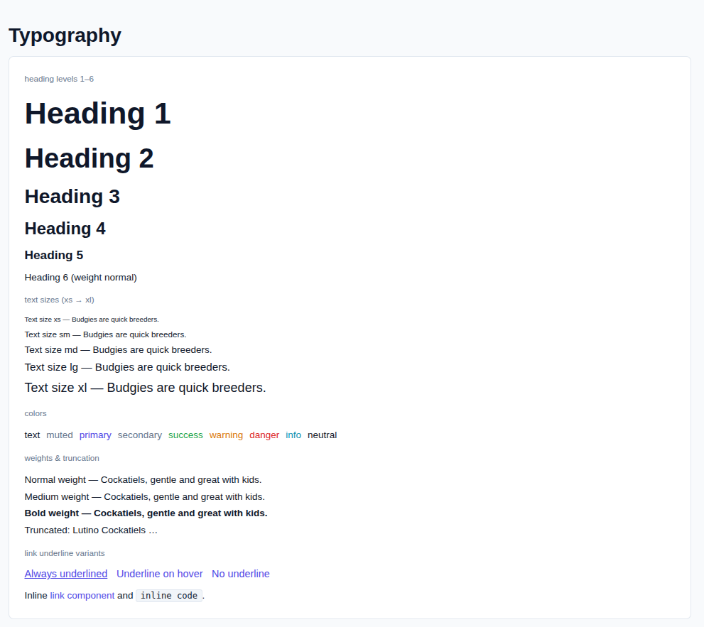 Typography — headings, text sizes, colors, weights, links