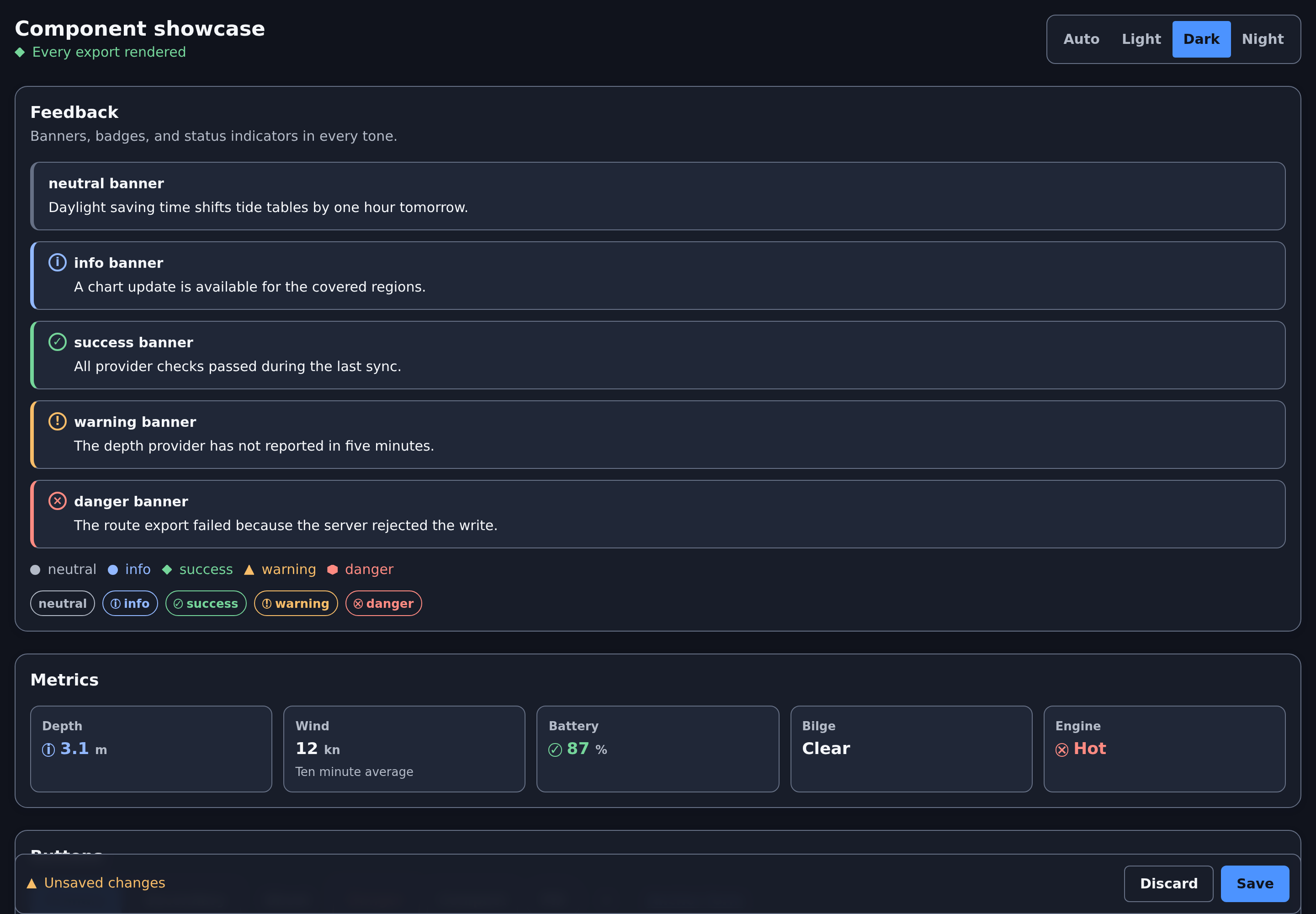 Component showcase in the Dark theme